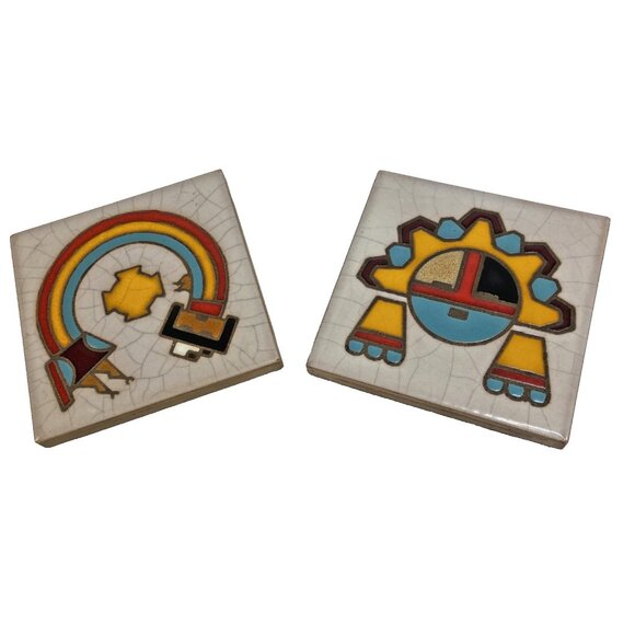 Set 2 Vintage Italian Hand Painted Ceramic Tile Trivet Native American Art 4 in - Picture 1 of 9